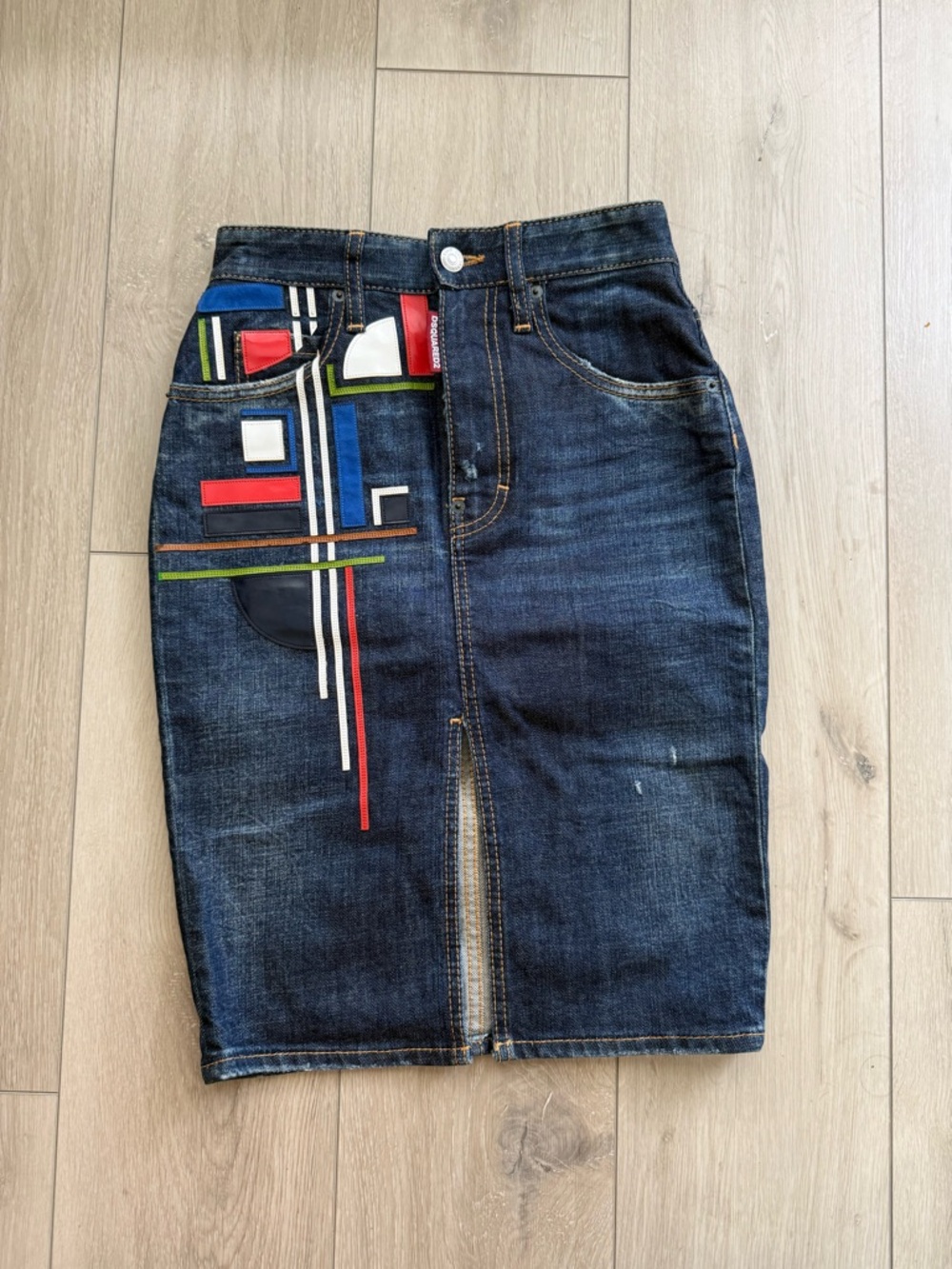 DSQUARED2 Dark Blue Denim Pencil Skirt with Colorblock Geometric Patchwork It 38